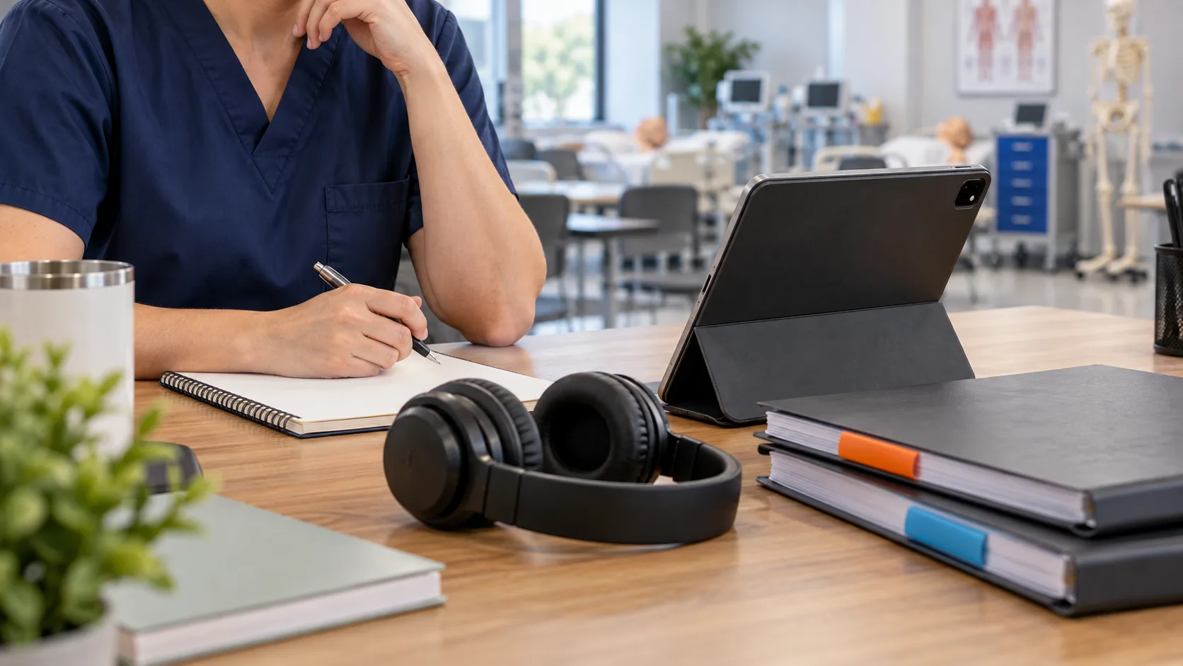 An educator’s hands beside a tablet, headphones and folders in a clinical education setting.