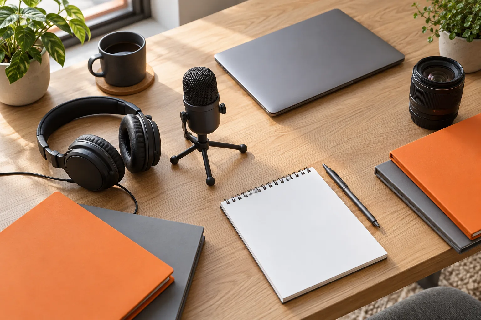 Headphones, a microphone, a closed laptop and plain folders arranged on a modern wooden desk.
