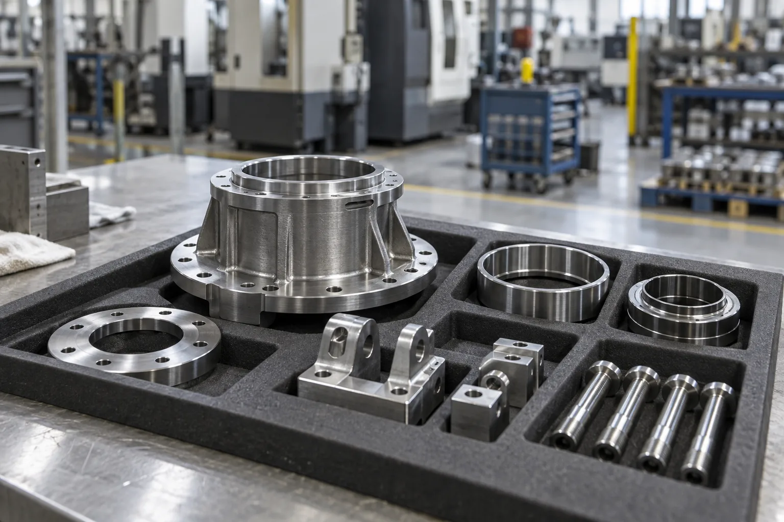 Machined metal housings, rings, and brackets arranged in an inspection tray on a factory workbench.